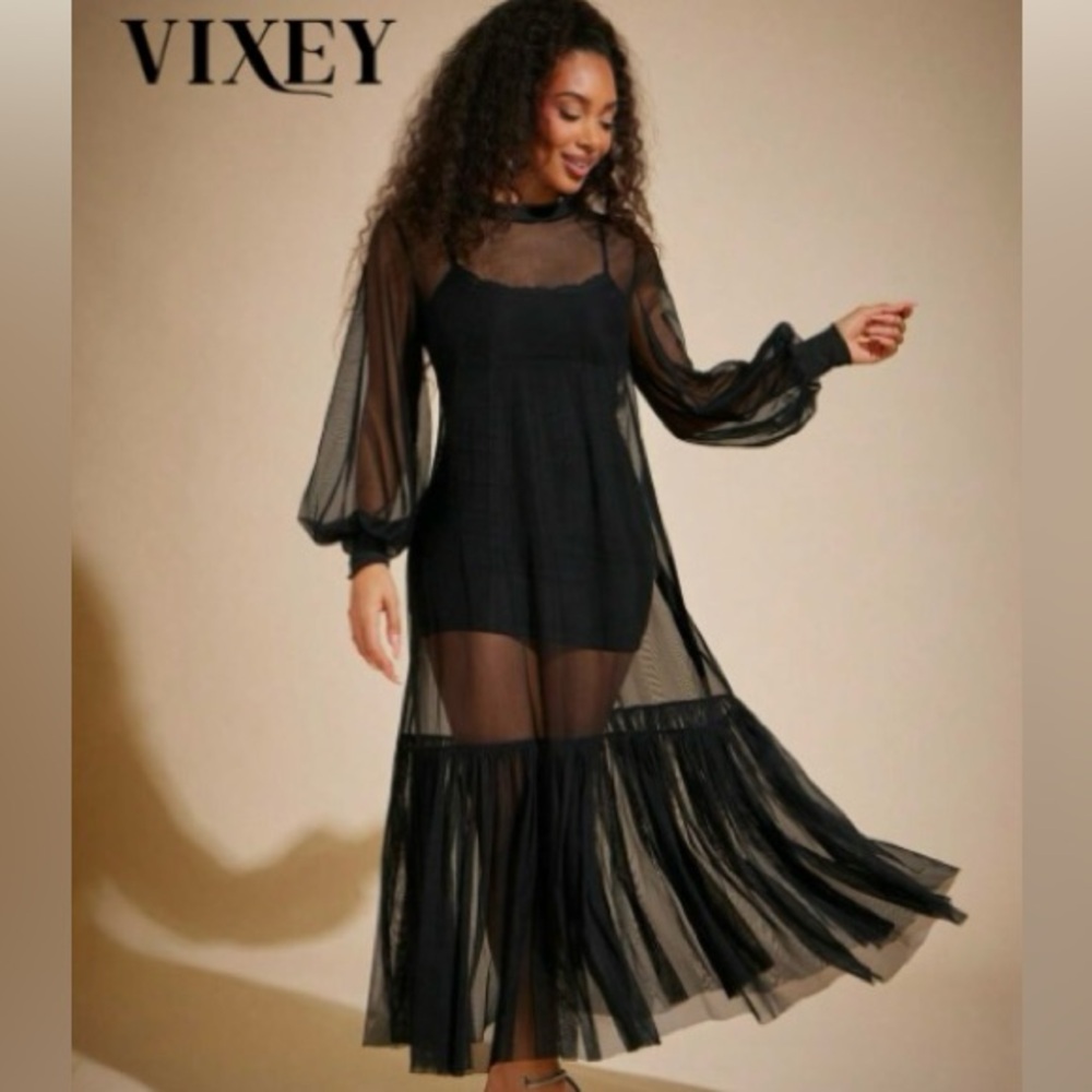 🖤Sheer Black Long Sleeve Flowing Dress with Ruffle Cuff